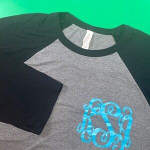 Bella + Canvas Womens 2XL Gray Black Raglan 3/4 Sleeve Monogram T-Shirt‎ Top